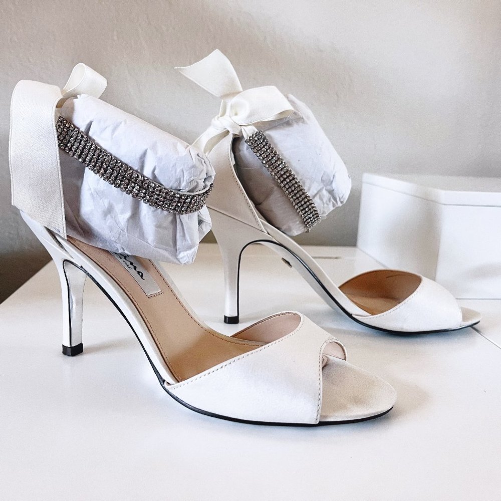 Nina White Satin Open-Toe Heels with Rhinestone Ankle Tie